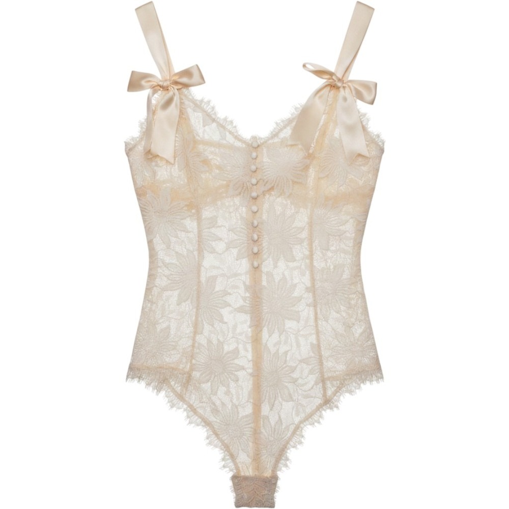 FINAL Vintage Victorias Secret Gold Label Lace Bodysuit Cream Floral Satin Tie M